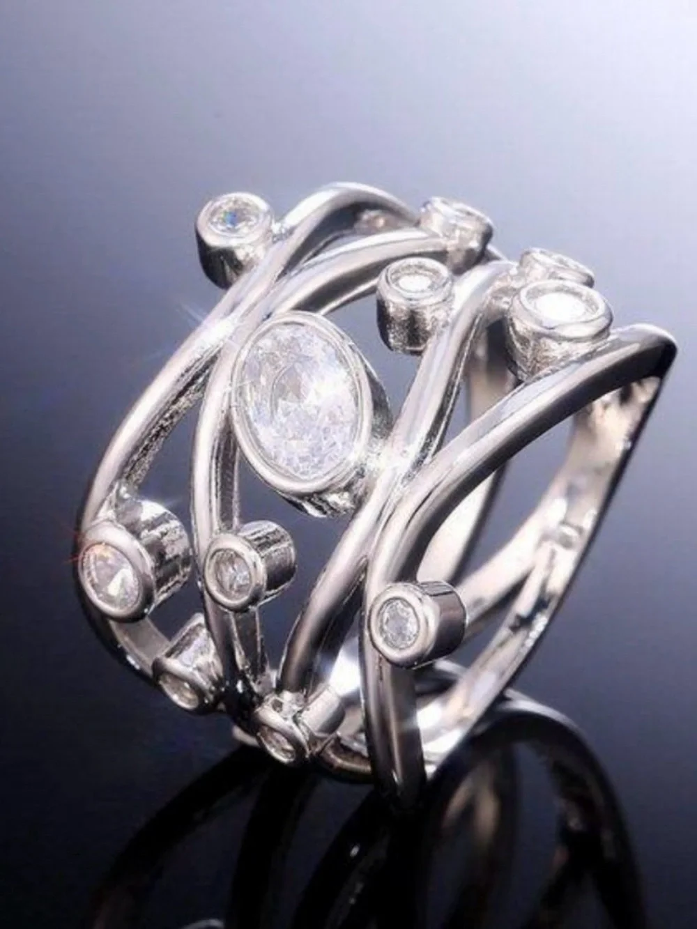 NEW 18K White Gold Diamond Twisted Wave Wide Ring